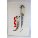 Arab Jambiya dagger (Blade 7.5") and silver covered scabbard mounted in a perspex case mounted on