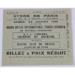 Football ticket very rare for match played in Stade De Paris 23/1/1932, between racing club De Paris