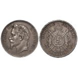 France Napleon III silver 5 Francs 1863A, KM#799.1, scarce, toned EF, swivel mount pinholes in