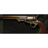 Revolver: A Model 1851 Colt Navy Revolver .36 cal. Octagonal barrel 7.5". Top flat with 'Address