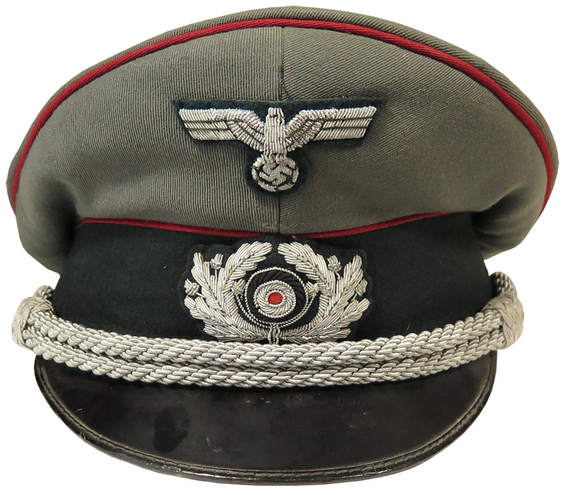 Artillery Officer Visor Cap. Red piped. Original liner and chin chords. Celluloid diamond present to