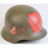 M35 Helmet Over painted as trophy pick up by 28th Division Keystone. Some replacement parts noted.