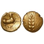 Ancient British, Celtic gold stater of Cunobelin of the Catuvellauni, Corn-ear / Galloping horse,