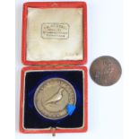 Cased Award of Merit Homer (racing pigeon medal) sterling silver. Plus a ½d token 'R Heslop 86