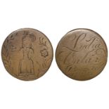 An engraved 18th. century love token on a halfpenny copper blank, Young Lady, bird in hand, standing