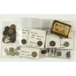 Small Tokens & Coins: 34x toy money and gaming tokens plus an unusual metal case featuring a label