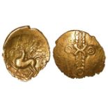 Ancient British, Celtic gold quarter stater of the Trinovantes/Catuvellauni, Dubnovellaunus, Two