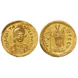 Anastasius I gold solidus, Constantinople Mint, obverse legend ends ]SIVS P P AVG, reverse:- Victory