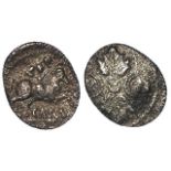 Ancient British, Celtic silver stater of the Trinovantes of Cunobelin, Two leaves with crescent in