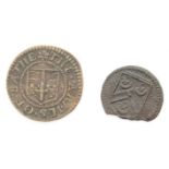 Bath, Somerset City farthing 1670, GVF and an uncertain piece of Somerset? Kilmersdon, at centre