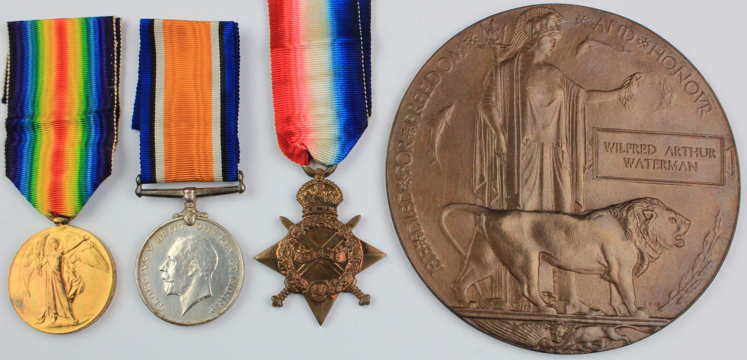 1915 Trio & Memorial Plaque to Pte/L.Cpl. Wilfrid Waterman, 10th Essex Regt. Killed in Action 1st