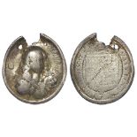 Charles II, 1660-1685, silver oval Royalist Badge c.21mm., Head and shoulders of Charles II three-