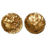 Ancient British, Celtic gold quarter stater of Cunobelin of the Catuvellauni, Corn-ear / Galloping