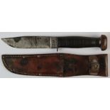 WW2 U.S. Navy Deck Knife, the Robson 'Shuredge' No20. Ricasso marked 'U.S.N.' Leather grip, wooden