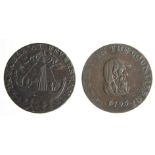 Faversham Kent copper halfpenny token, 1794 of John Crows copper smith, two men in a ship, two men