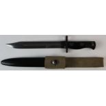 An unissued LIA4 British Bayonet for the SLR. Bowie blade 8" with original polish. Black grips