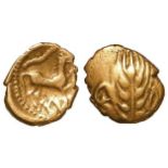 Ancient British, Celtic gold quarter stater of cunobelin of the Catuvellauni, Corn-ear / Galloping