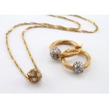9ct Gold Diamante Ball on a 22 inch chain with matching Earrings weight 5.8g