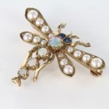 9ct Gold Butterfly Brooch set with Opals and Seed Pearls weight 3.9g