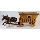 Large ceramic shire horse with a wooden gypsy caravan, horse height 21.5cm approx.