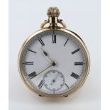 Omega 14ct open face pocket watch. The white enamelled dial with black roman numerals and subsidiary
