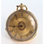 Ladies 18ct gold ladies fob / pocket watch. The circular floral / gilt dial with black roman