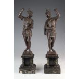Pair of large spelter figures, each mounted on matching plinth, in need of restoration, total height