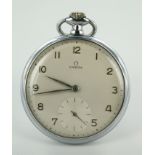 Gents Nickel Omega Pocket Watch, White dial with Roman numerals and second hand in working order