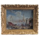 18th Century Dutch Watercolour, depicting a harbour scene with cattle and figures in the