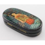 Russian black lacquered trinket box, circa 20th century, with hand painted decoration to lid
