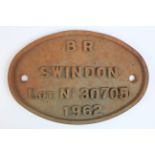 Railway interest - B.R. Swindon, original, un-restored iron wagon plate Lot No. 30705, 1962