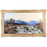 Oil on canvas, depicting a mountainous scene with fast flowing river to foreground, unsigned, gilt
