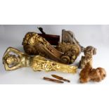 Six carved wood items, including two small busts, some gilt decorated including a lion head (