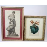 Nine framed pictures (except one), including a a large green plaster plaque heightened with gilt,