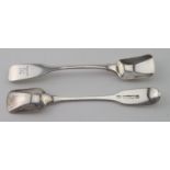 Two Irish Fiddle pattern, silver, Shovel bowled salt spoons hallmarked "P.W. Dublin 1846".