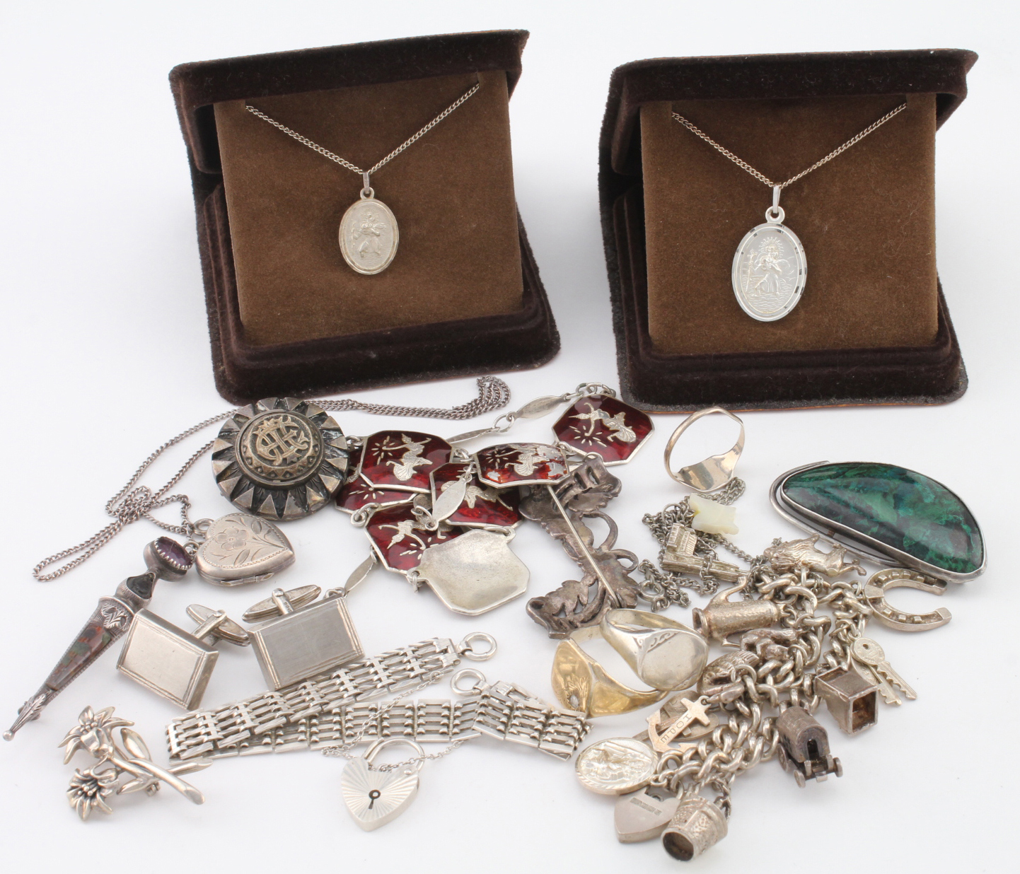 Mixed lot of 16 silver pieces of jewellery, mostly marked, includes a silver charm bracelet etc.