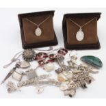Mixed lot of 16 silver pieces of jewellery, mostly marked, includes a silver charm bracelet etc.
