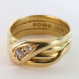 18ct Gold Diamond set Snake Ring size O weight 7.4g