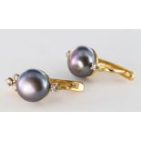 Black Freshwater Pearl Earrings on 14ct Gold posts with small diamond settings weight 5.0g