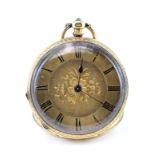 Ladies 18ct gold cased open face fob watch with circular floral engraved dial, approx diameter 36mm