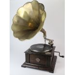 Mahogany Excel Si Phone gramophone with brass horn, total height 70cm, horn diameter 44cm (sold as