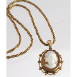 9ct Gold Cameo Pendant on an 18ct Gold Rope pattern Chain. Total weight 11g