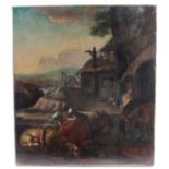 Oil on canvas, circa mid 19th century, depicting a farmyard scene at dawn, unsigned, unframed, image
