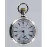 Gents Waltham Silver open face pocket watch, hallmarked Birmingham 1891 with key and on a silver "T"