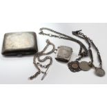 Mixed silver to include Cigarette case, Vesta & Pocket watch chains