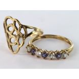 Two Rings both 9ct Gold, plain fancy pattern Ring size L, Tanzanite/CZ QVC Ring size P weight 3.4
