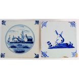 Two Dutch Delft blue & white tiles, circa 19th century and later, 13cm x 13cm approx.