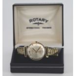 Boxed gents Rotary, 21 jewel Incabloc 9ct cased wristwach on an expandable bracelet