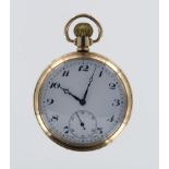 Gents 9ct gold cased open face pocket watch, hallmarked Chester 1927, the white enamel dial with