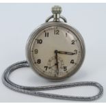 Bravingtons military chrome cased open face pocket watch, the dial having arabic numerals,